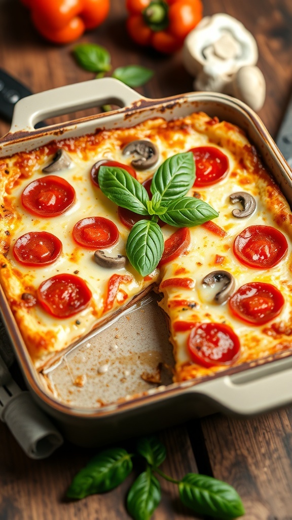 A crustless pizza bake with melted cheese, pepperoni, and vegetables, garnished with basil on a wooden table.